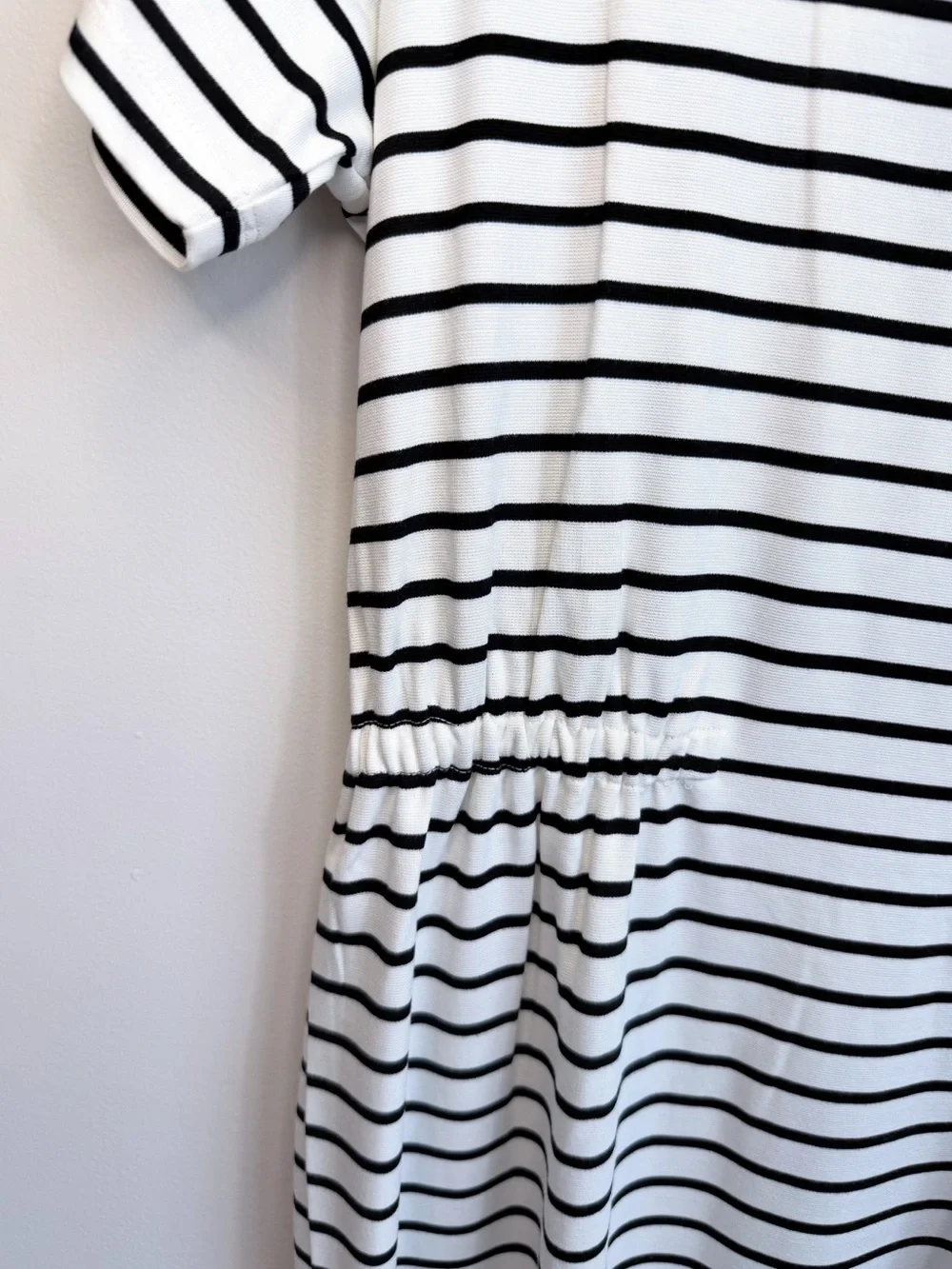 NWT LOFT Black and White Stripe Gathered Waist Mini Tee Dress Size Small Petite